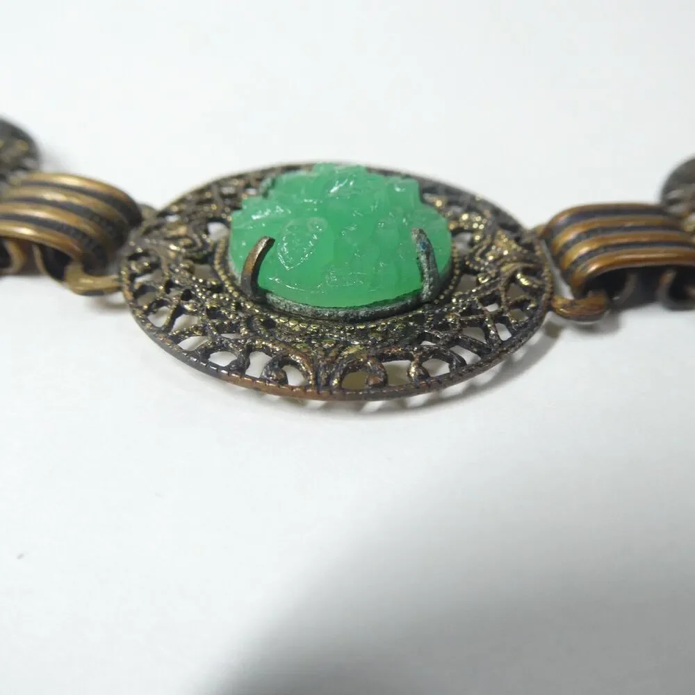 Metal Flower Link Belt w/ Carved Green Glass 26